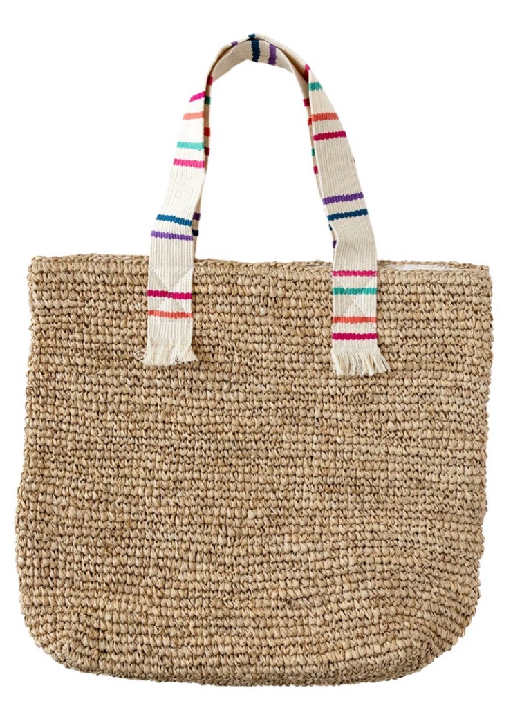 Woven Straw Tote Bag With Multicolor Striped Handles